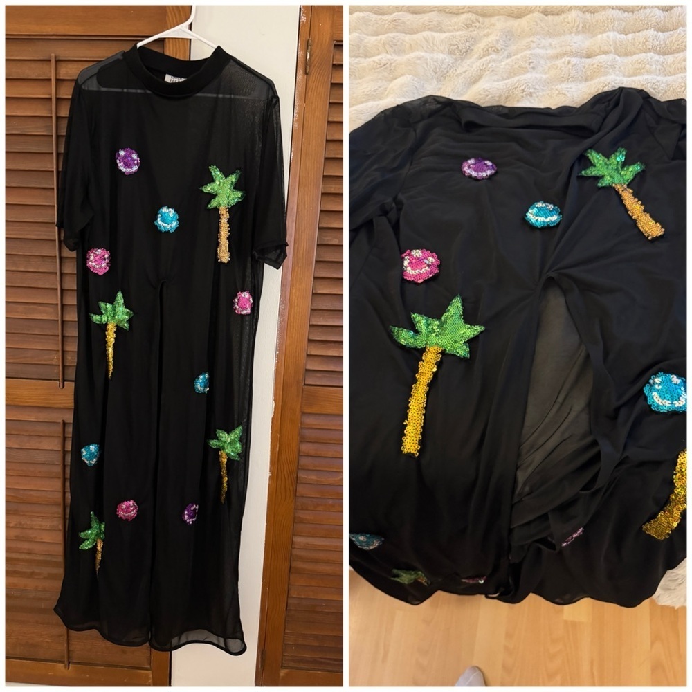 Black Sequin Palm Tree Mesh Maxi Dress